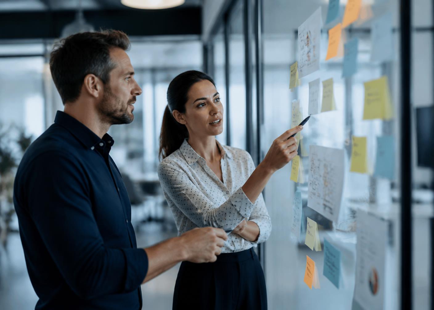 Two colleagues mapping AI initiatives on a glass wall covered in notes and diagrams